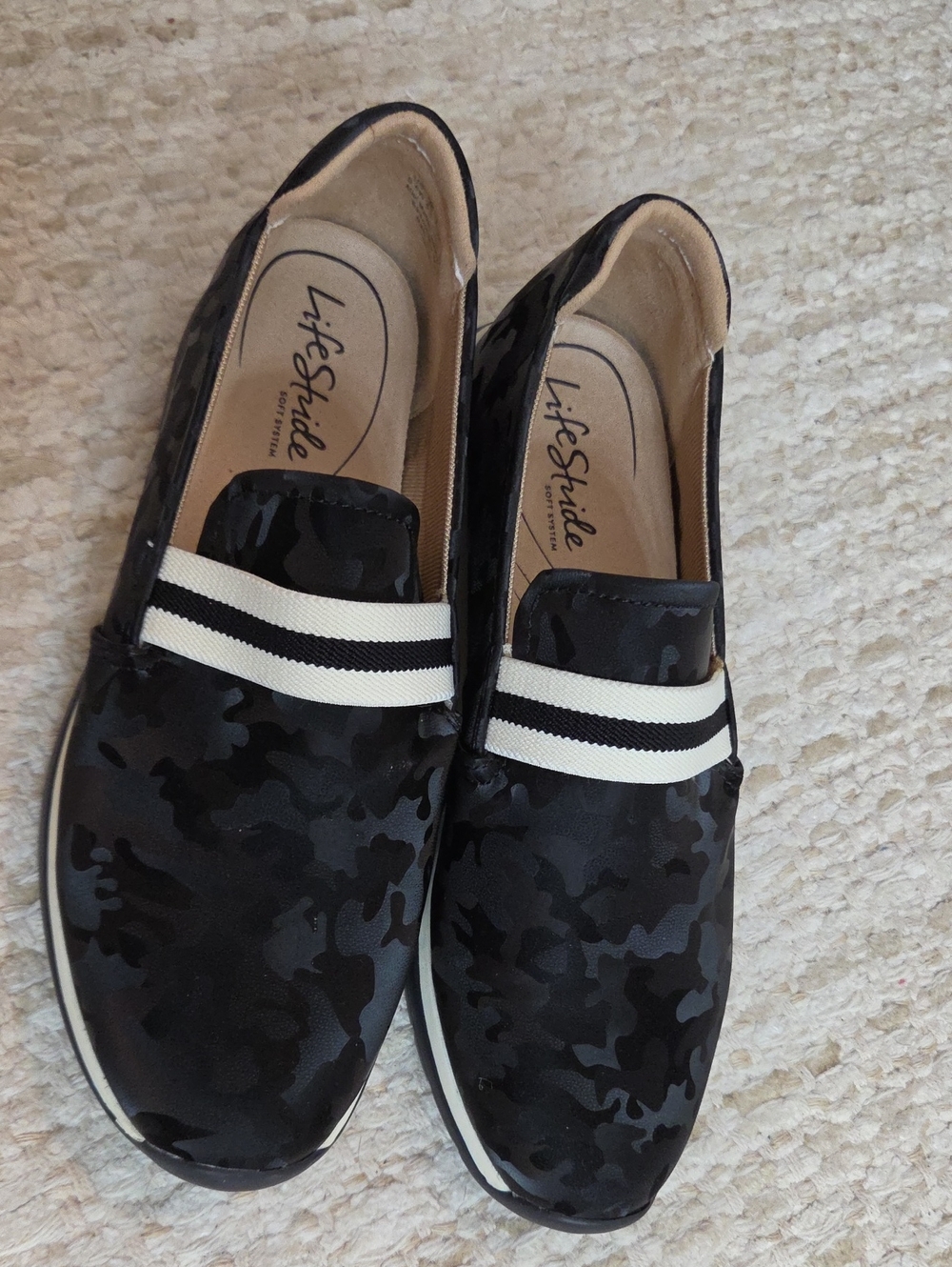 Life Stride Women's Black Camo Slip-On Sneakers with White Stripes NEVER WORN